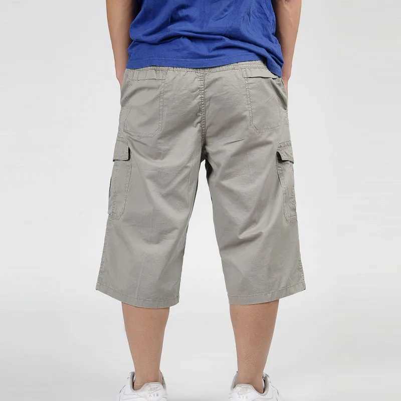 2023 Men Summer Multi-Pocket Baggy Cargo Cotton Calf Length Pants Casual Trouser Male Large Solid Color Shorts Plus Size Xl-6XlX240921