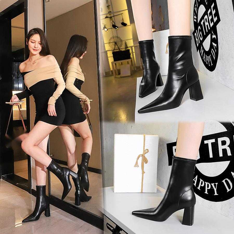 CMM Fashion Simple Sexy Nightclub Slim Thick Heel High Heel Pointed Winter Slim Boots Womens Short Boots
