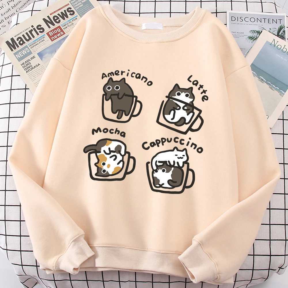 American style coffee cat cute printed hoodie mens cartoon street clothing fashionable printed hoodie Japanese Harajuku sportswear hoodie W240921