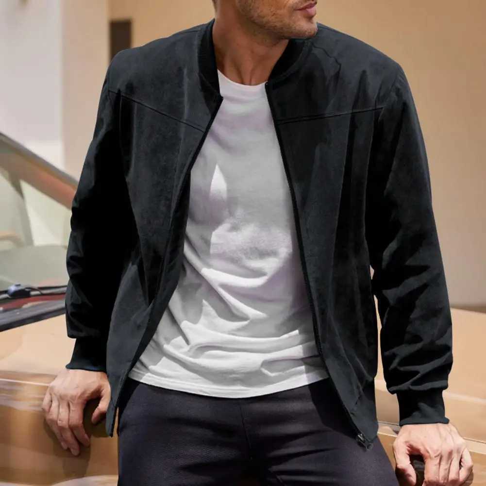 Mens Suede Jacket Stand Collar Long Sleeve Zipper Coat With Side Pockets Solid Color Loose Ribbed Sleeves Winter Coat M240921
