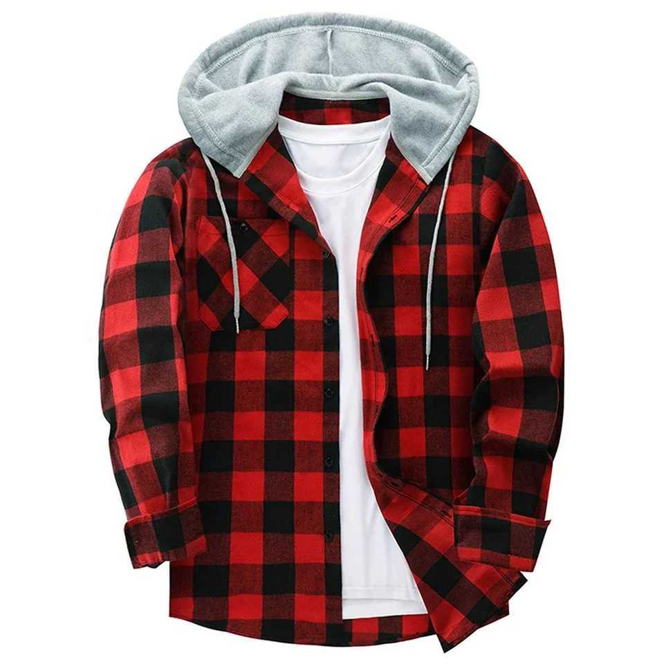 Men Plaid Long Sleeve Hooded Shirts Button Work Drawstring Casual Tops Cardigan Button Down Work Coat Tops Hoodie M240921