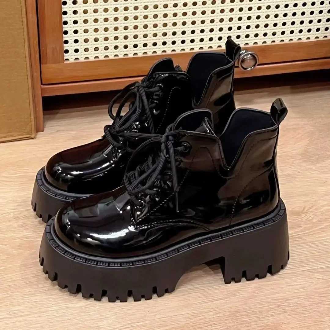 Chunky Black Platform Casual Womens Ankle Boots 2024 New Designer Autumn Winter British Style PU Leather Boots Shoes for Women Z250303