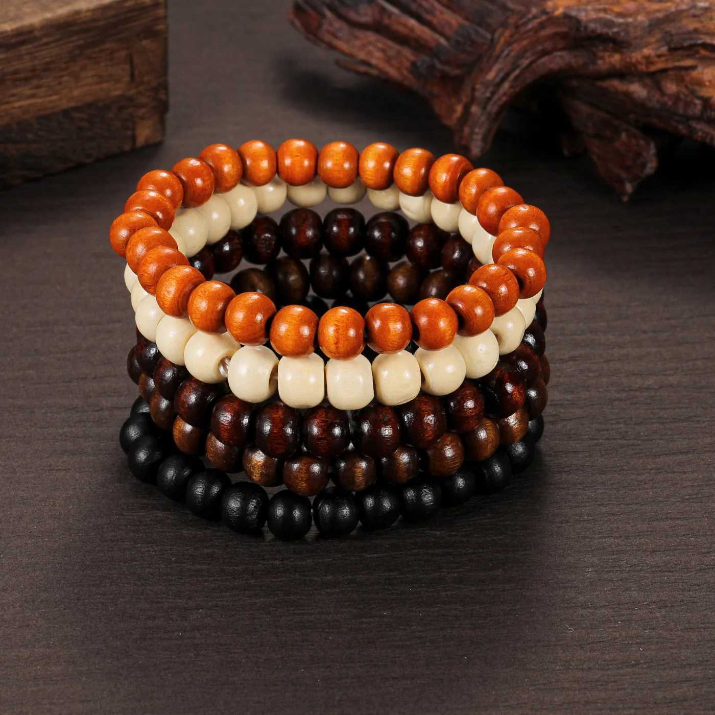 5-piece set of vintage multicolored wooden bead beaded mens braceletsX240921