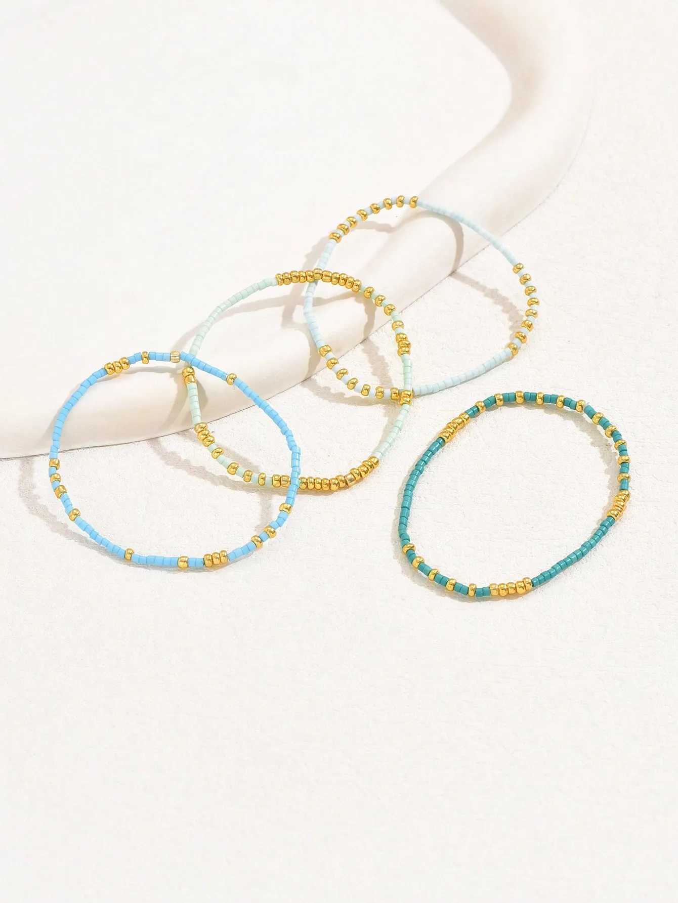 4 PCS Beads Stretch Bracelet Set Bohemia Gold Color Glassbeads Elastic Handmade Girls Vacation JewelryX240921
