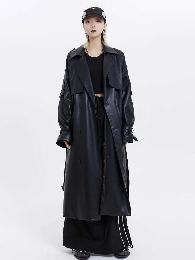 ADAgril Black Leather Trench Coat Women Retro Biker Long Windbreak Jackets Loose Korean Style Fashion Autumn Winter Clothes NewX240921