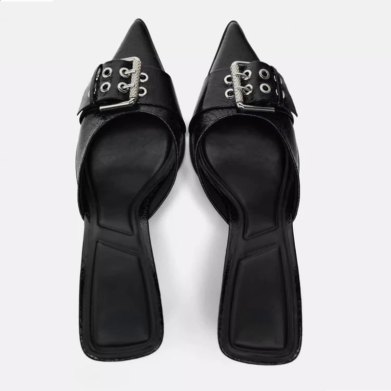 Pointed Toe Womens Mule Shoes Belt Buckle Black Patent Leather Stiletto High Heels Fashion er Womens Summer Sandals 240919