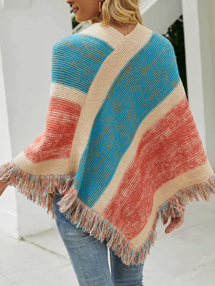 Autumn and Winter Batwing Sleeve Rainbow Stripe Raincoat Womens Fashion Sweater Cloak 2023 New Lanhua Shawl Womens Tassel Corner W240921