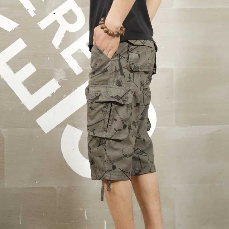 Brand Mens Long Cargo Shorts Camo Print Cotton Casual Baggy Multi-Pocket Tactical Pants OverallsX240921