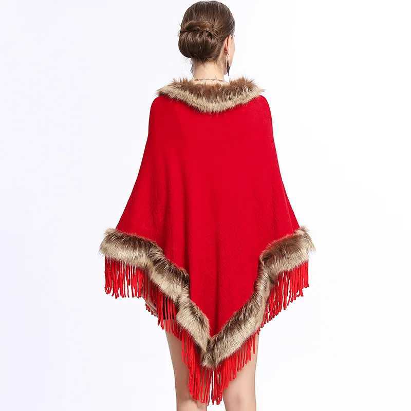 Fashionable fully decorated artificial raccoon fur with tapered corners loose and thin knitted rain cape womens spring and autumn shawl bag W240921