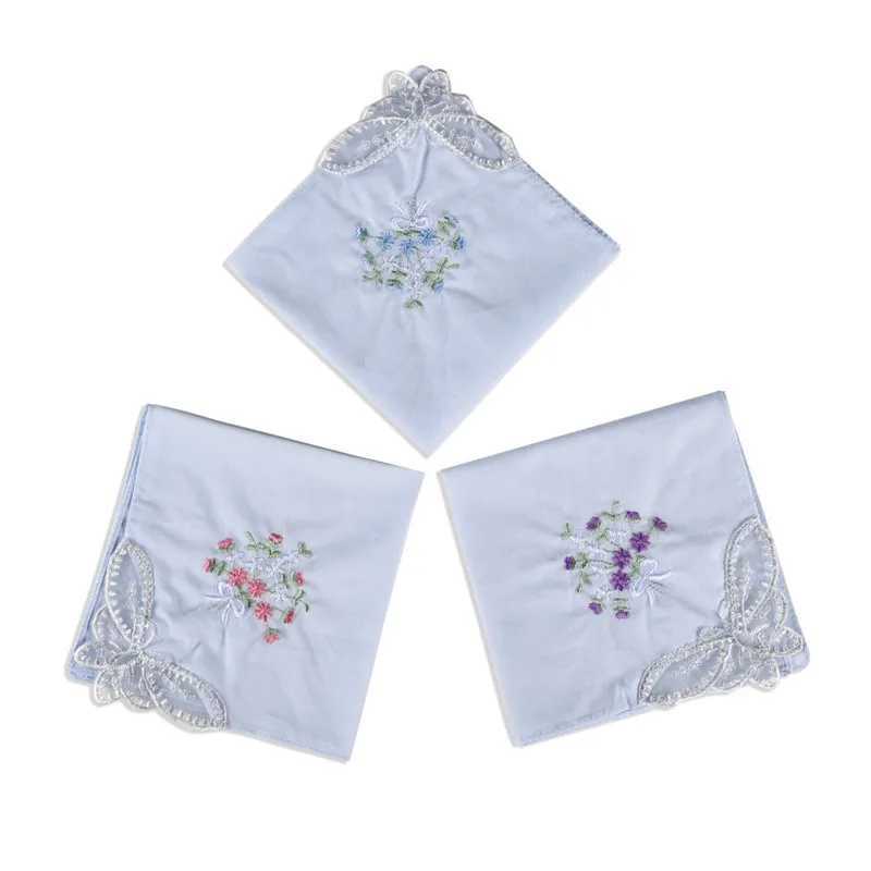 3Pcs 28x28cm Cotton Flower Embroidered Lace Hankie Towel Lady Handkerchiefs Women Washable Pocket Random ColorX240921