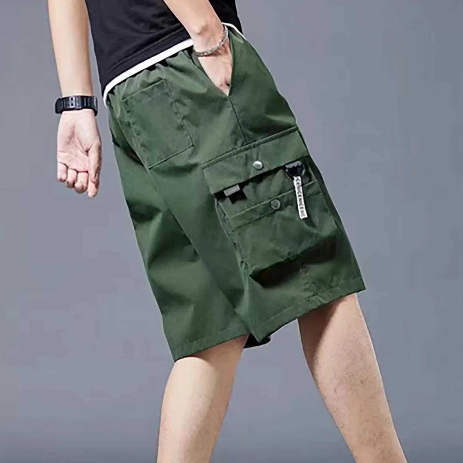 MenS Summer Shorts Elastic Waistband Drawstring Shorts Multi Pockets Straight Wide Leg Mid-Rise Sport Cargo Shorts StreetwearX240921