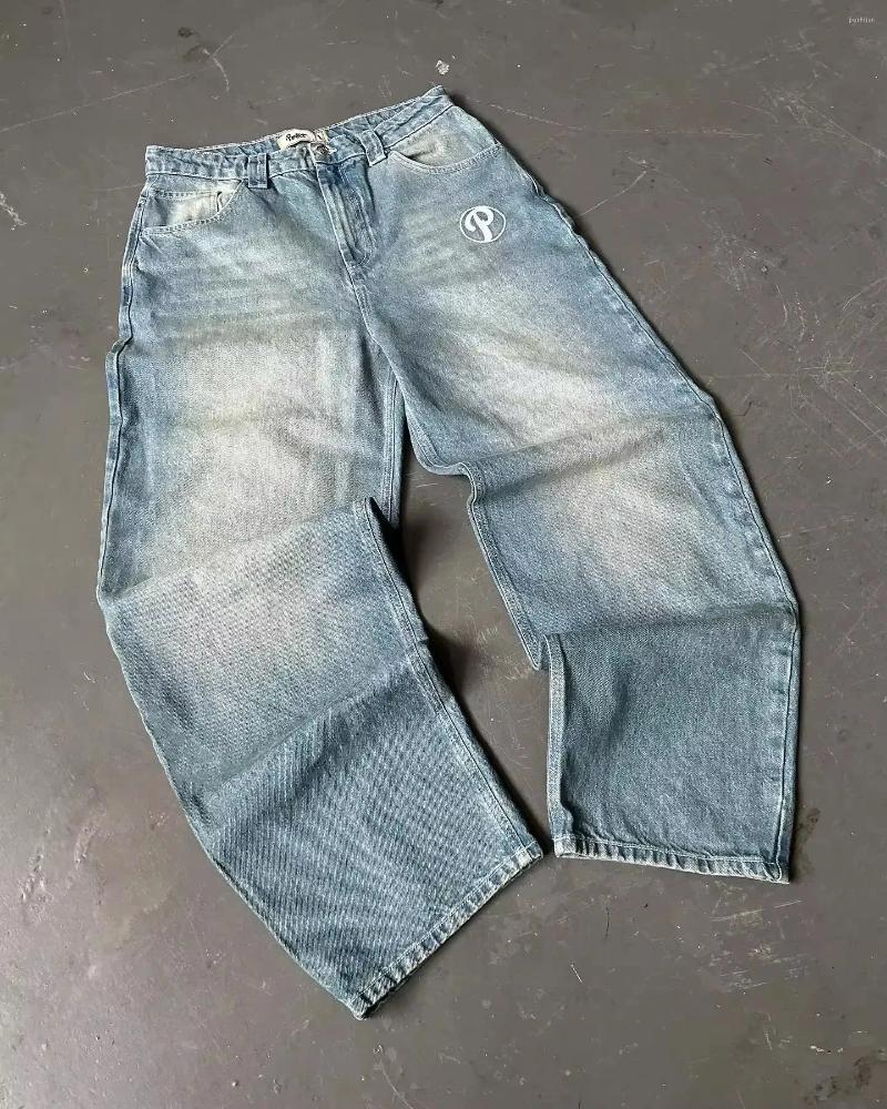 2025 S Fashion Designer Men S Jeans Mens Haruku Retro Hip Hop Cartoon Embroidery Baggy Denim Pants S Street Gothic Wide Trousers Streetwear
