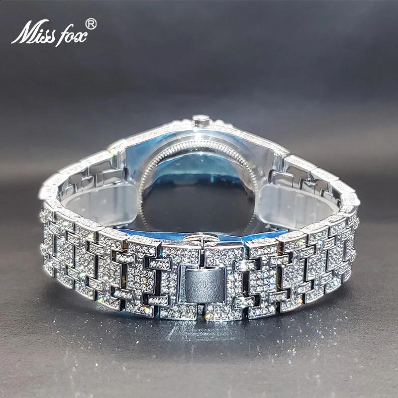 MISSFOX Iced Out Silver Color Diamond Mens Watch Calendar Waterproof Quartz Watches For Men High Quality Big Hand Clock 240909