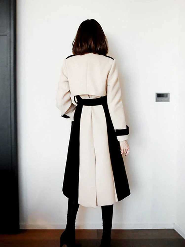 DEAT Woman Trench Coat Color Block With Belt Notched Full Sleeve Elegant High Street Style 2024 New Autumn Fashion 15TT172X240921
