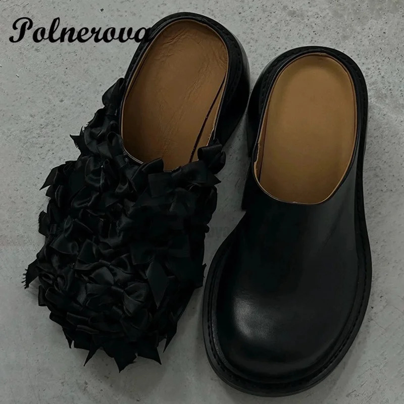 Black satin bow treasure head slider womens retro niche spring and summer item thick half slider womens summer single shoe 240919