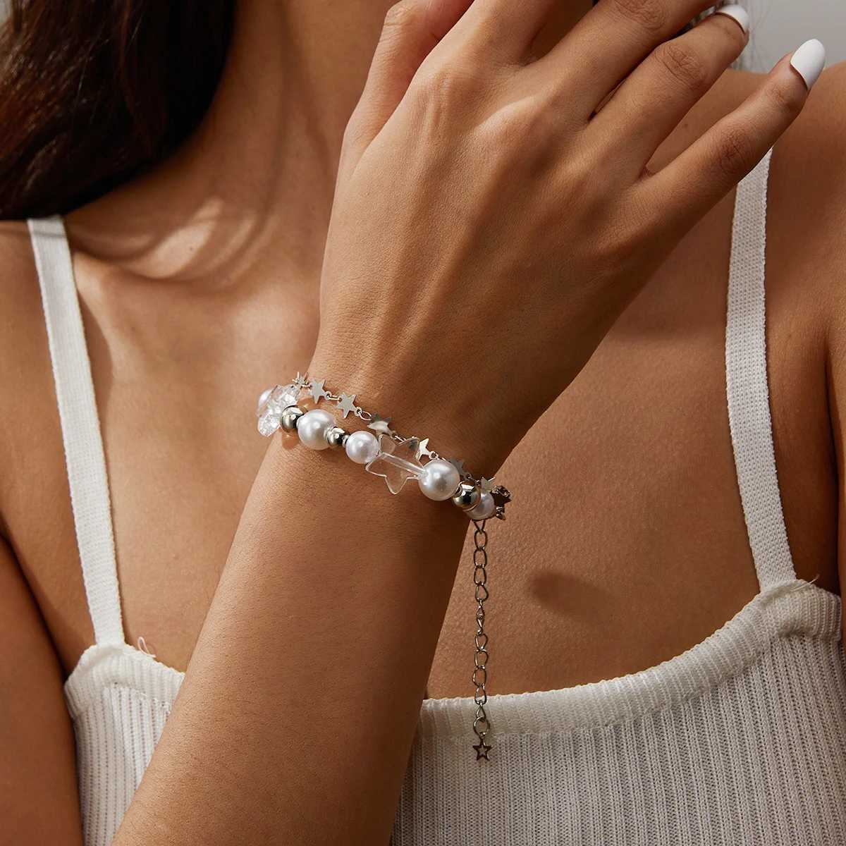 Harajuku Resin Imitation Pearl Star Beaded Bracelets For Women Vintage Aesthetic Charm Double Layer Star Chain Bracelet JewelryXJ241214