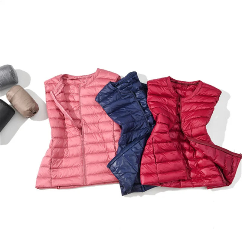 Womens autumn and winter ultra-thin packaging sleeveless jacket with size 5XL 6XL womens O-neck casual down vest jacket 240913