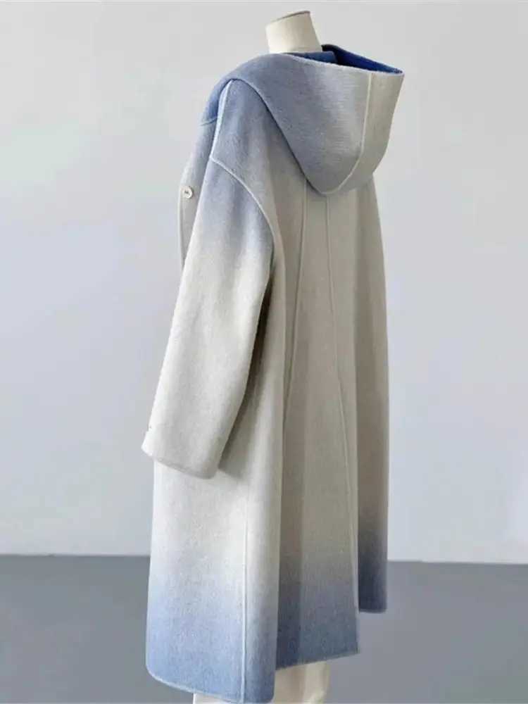 Double sided cashmere office womens gradient wool coat autumn and winter OL style hooded coat 2023 new model Y4670 W240921