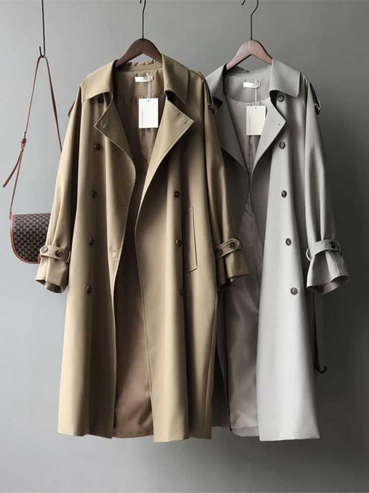 Classic Grey Long Belt Trench Coats Women Korean Double Breasted Gabardina Jackets Streetwear Windbreaker Abrigos Spring CasacosX240921