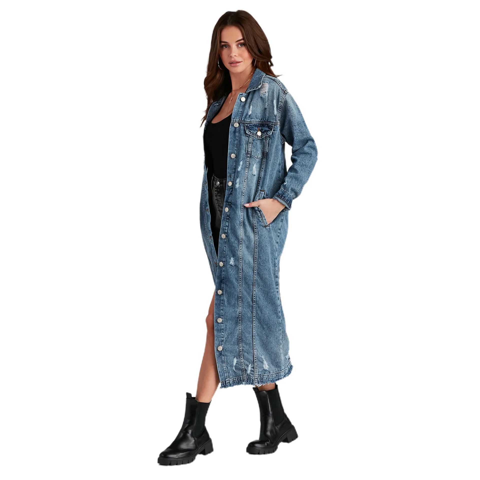 Trench Denim Jackets Single Button Coat Long Sleeve Turn Down Collar Loose Fit Button Solid Washed Distressed Casual PocketsX240921