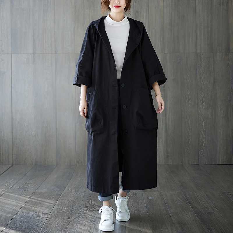 Woman Long Coat Fashion Korean Windbreaker Big Size Ladies Trench 2021 Autumn Hooded Loose Pockets Cardigan Women Long CoatX240921