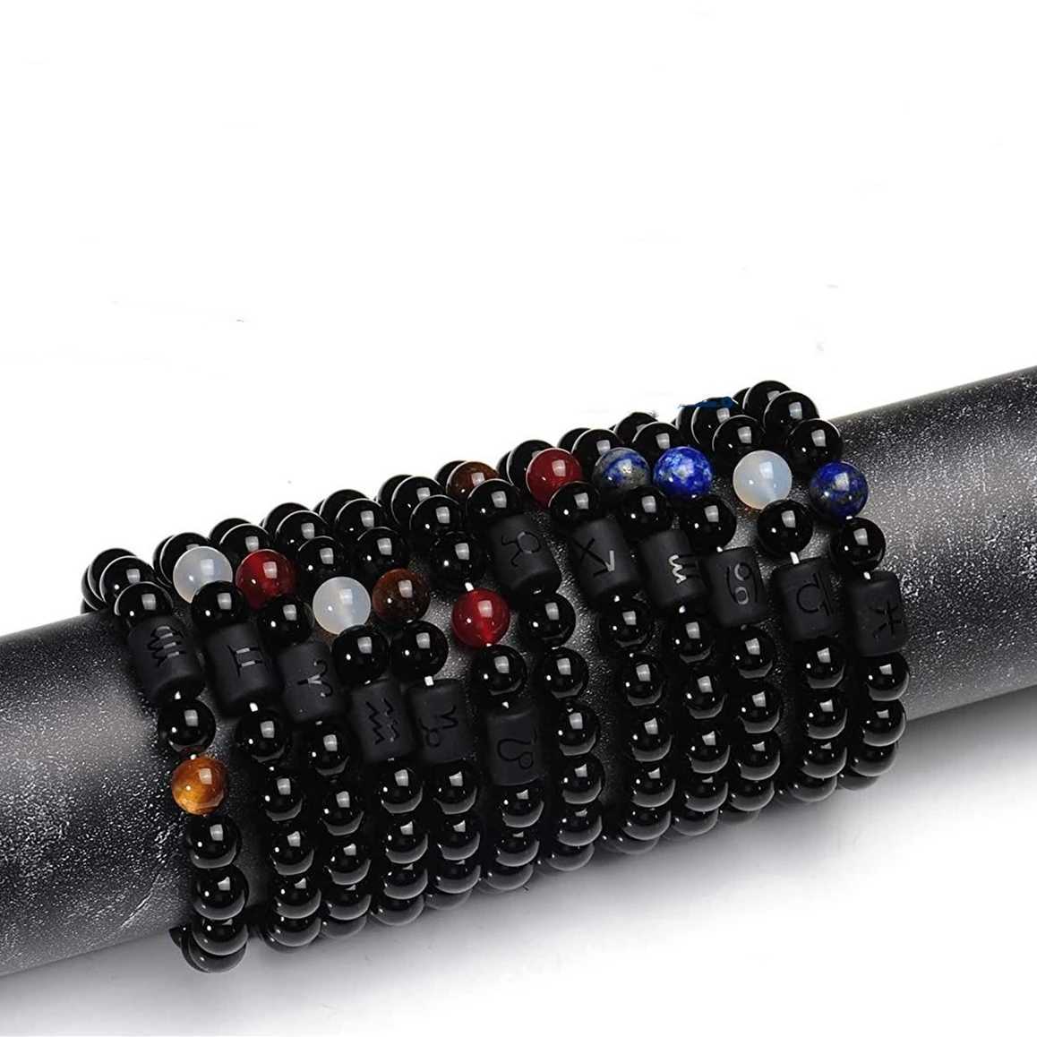 FTCY 10mm Zodiac Yellow Tiger Eye Stone Bracelet for Men Women Black Agate Crystal Elastic Cord Hand Chains Couples JewelryX240921