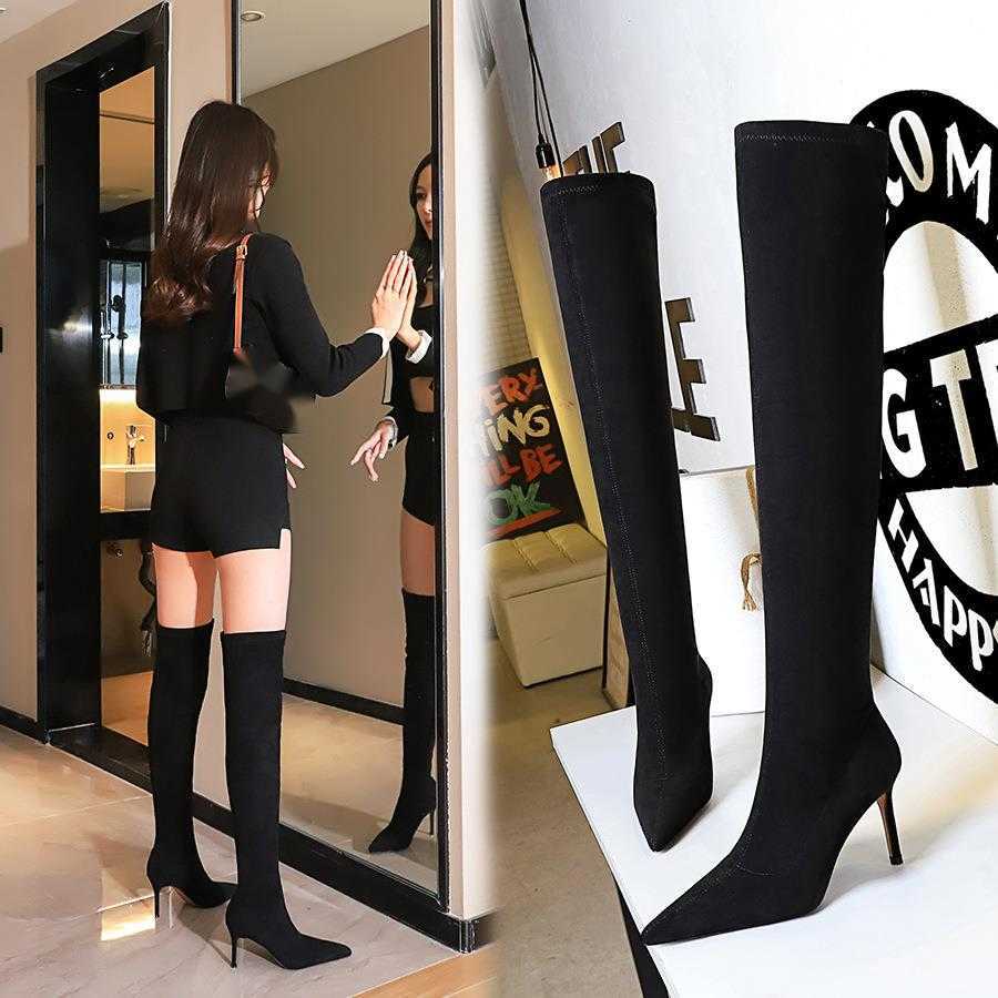 CMM Winter Fashion Simple Thin Heel High Heel Slender Slim Tapered Suede Knee High Boots
