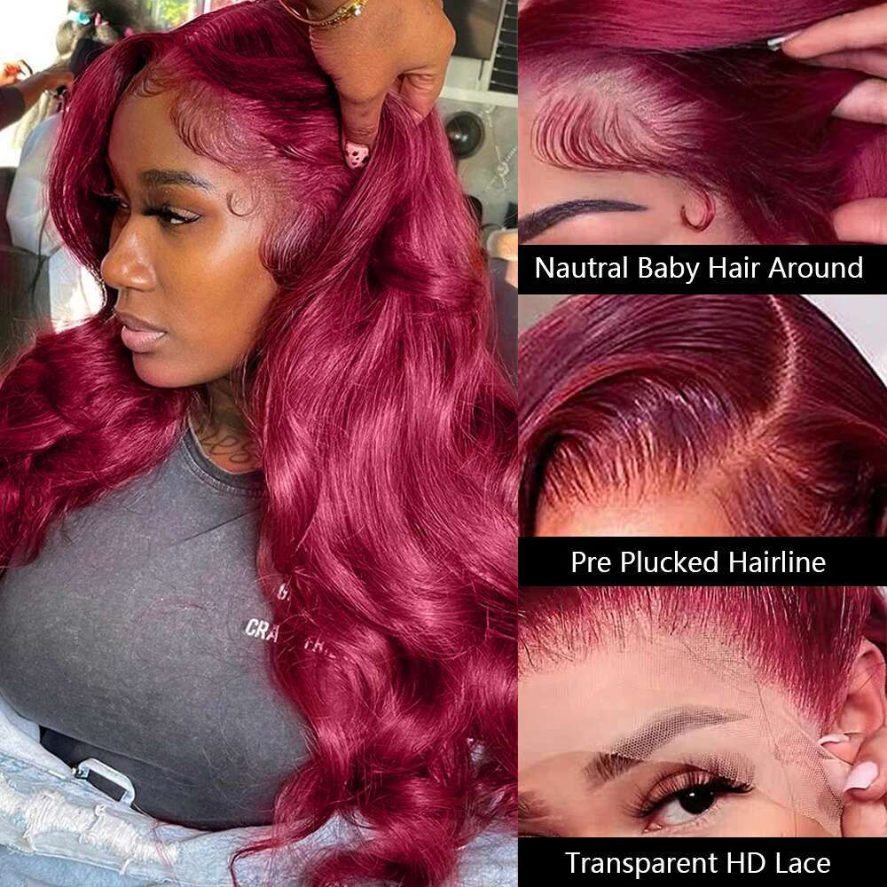 200 Density 13x4 HD Frontal Wig 99j Bury human haie wig Body Wave Lace Front Human Hair Brazilian For Women