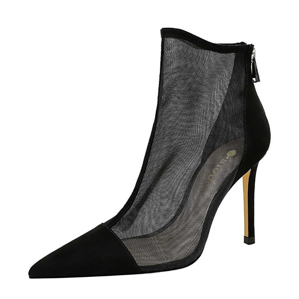 CMM Sexy Nightclub Show Thin Perspective Mesh Hollow High Heels Womens Shoes Thin Heels Pointed Boots