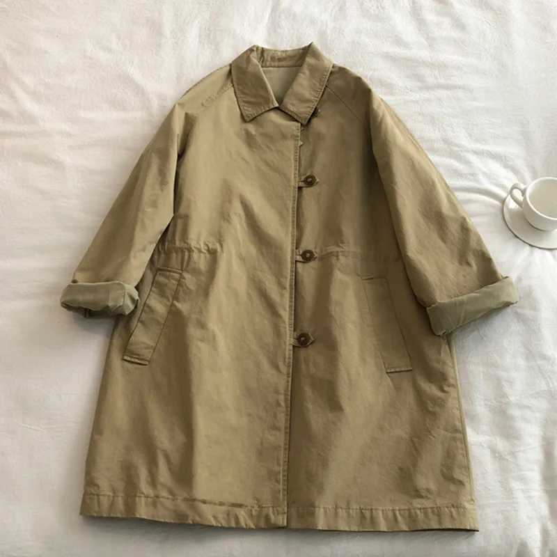 Japanese Style Vintage Women Trench Coat Autumn Single Breasted Pocket Loose Mid Long Windbreaker Casual All-matched OvercoatX240921