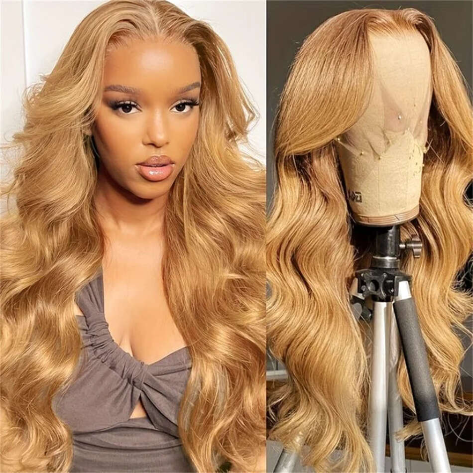 13x4 Transparent Honey Blonde 27# Colored Straight Lace Front 32 Inch Body Wave Human Hair Wigs