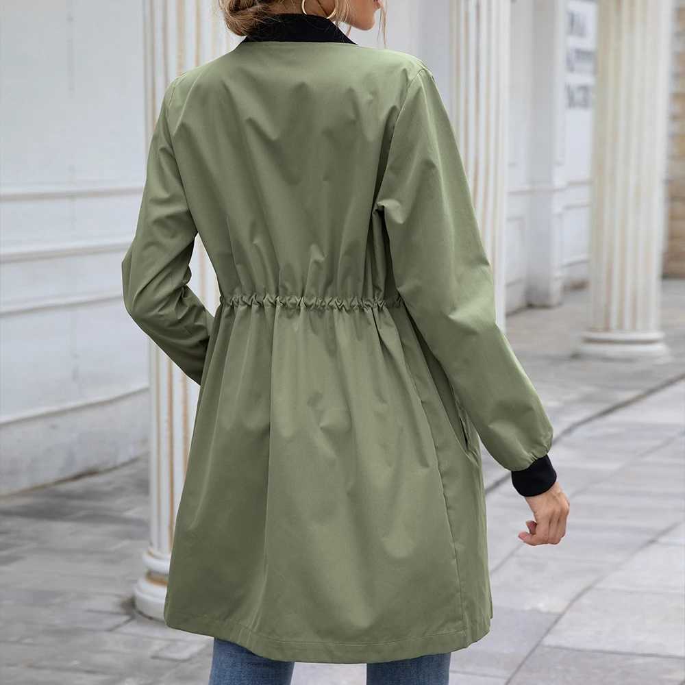 Women Outdoor Dust Coat Streetwear Slant Pocket Drawstring Waterproof Mid-length Trench Autumn Long Sleeve Stand Collar CardiganX240921