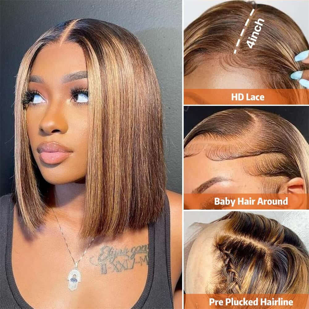 Straight Short 100% Highlight 13x4 Frontal Human Hair Wigs Bob Honey Blonde Ombre Brown Lace Front Wig