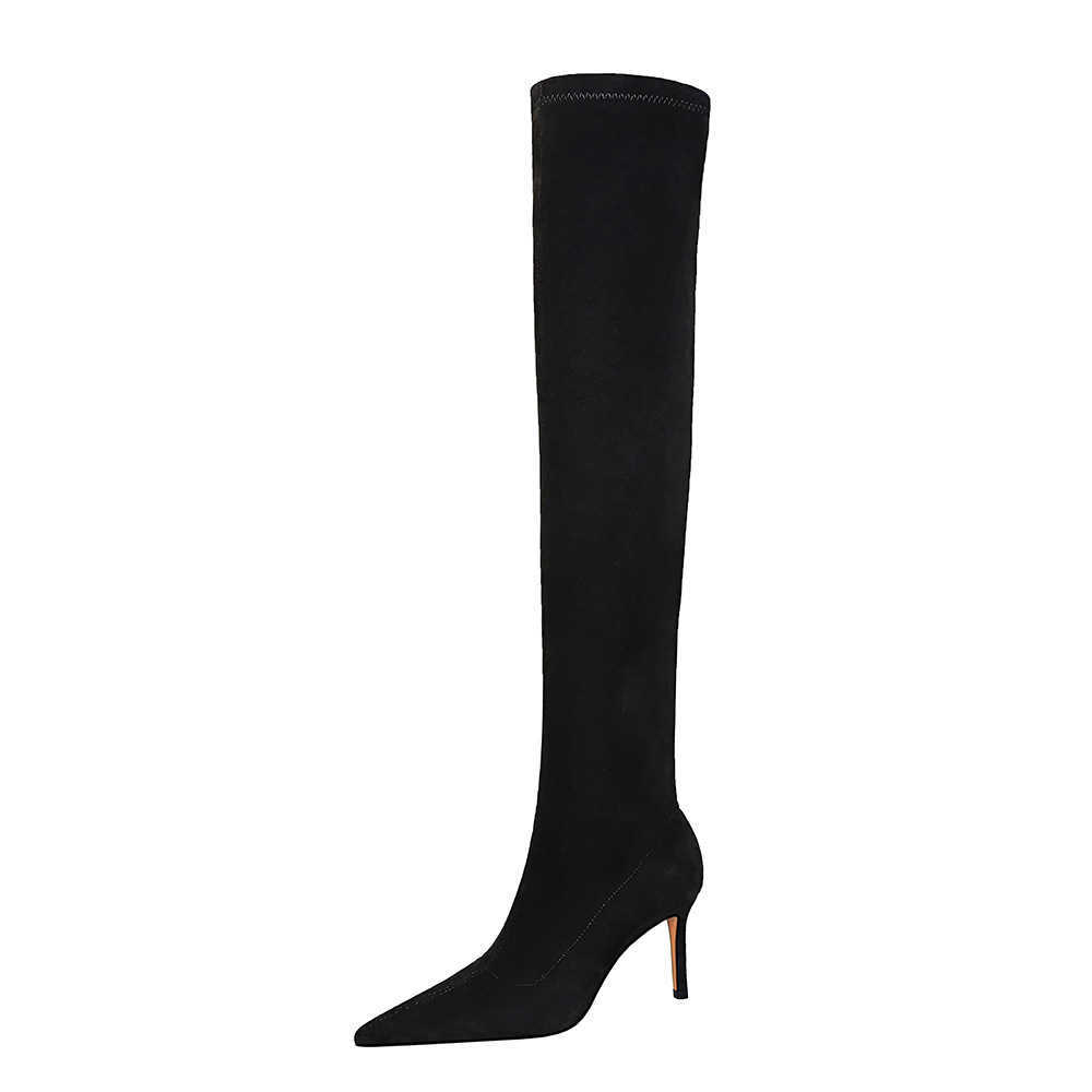 CMM Winter Fashion Simple Thin Heel High Heel Slender Slim Tapered Suede Knee High Boots