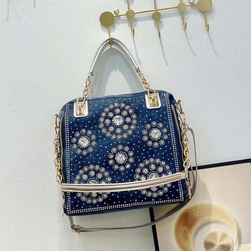 Denim jeans casual womens handbag ner woven shoulder bag rhinestone decoration messenger 240919