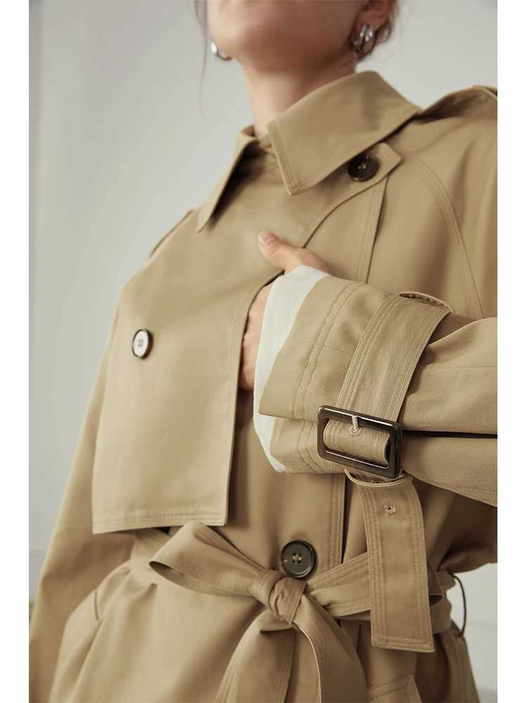 FSLE 100% Cotton Khaki Long Women Trench Coat Autumn Winter Turn Down Collar Women Clothes Causal Full Sleeve Belt TrenchX240921