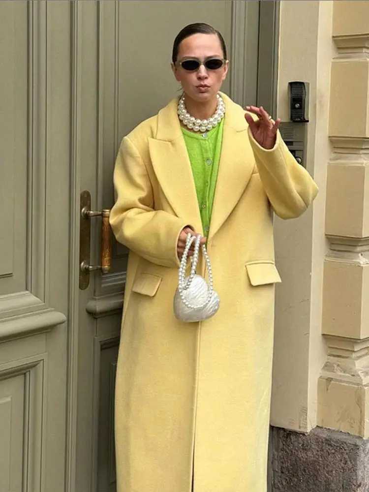 Yellow long sleeved single-layer thin coat womens casual lapel wool coat with bag 2024 autumn and winter new loose jacket W240921