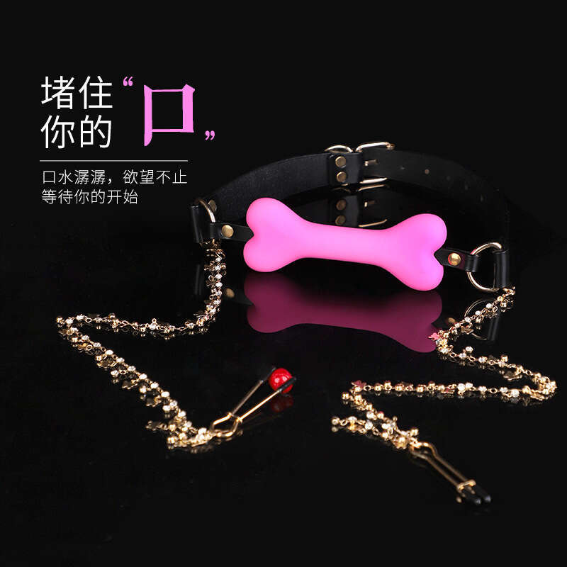 Sexy SM Prop Light Luxury Genuine Leather Silicone Mouth Stopper Maid Training Torture Tool Bone Mouth Stopper with Diamond Long Chain Breast Clip