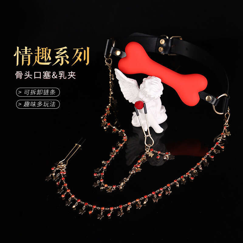 Sexy SM Prop Light Luxury Genuine Leather Silicone Mouth Stopper Maid Training Torture Tool Bone Mouth Stopper with Diamond Long Chain Breast Clip