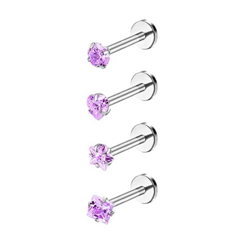 4PCS Heart Crystal Tragus Piercing Earring Set Flat Labret Piercing Set Lip Ring Lot Conch Cartilage Stud Helix Lobe Earring Set Y240921