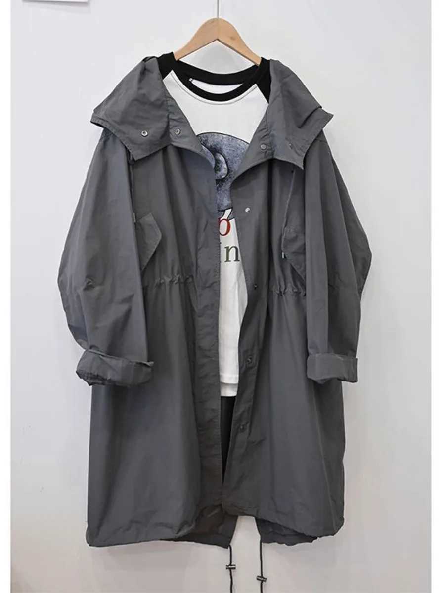 Korean Oversized Women Cargo Windbreaker Jacket Single-Breasted Long Trench Coat Drawstring Lady Spring Autumn Hooded CoatX240921
