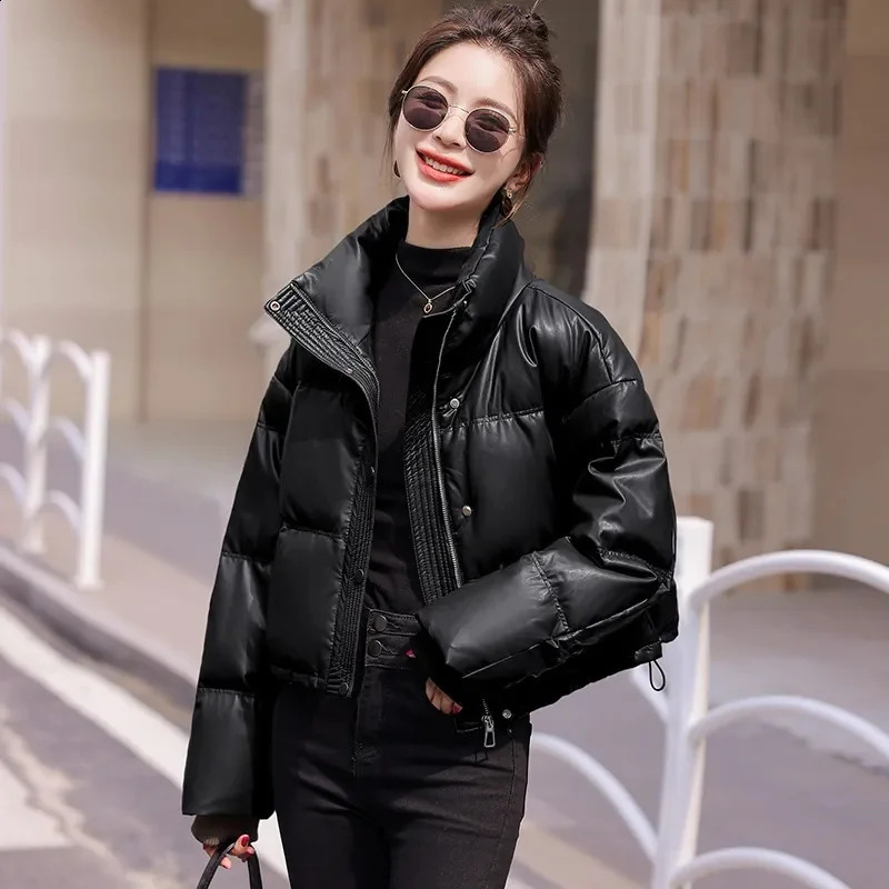 CoffeeMaillard Stand Up Collar Short 2024 Winter Petite Fashion Bread Warm Thickened PU Leather Down Cotton Jacket For Women 240919