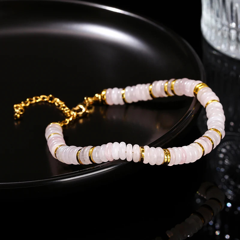 JD Natural Stone Pink Quartz India Agate Flat Round Spacer Bead Stainless Steel Bracelet Women Trendy Healing Adjustable Jewerly 240919