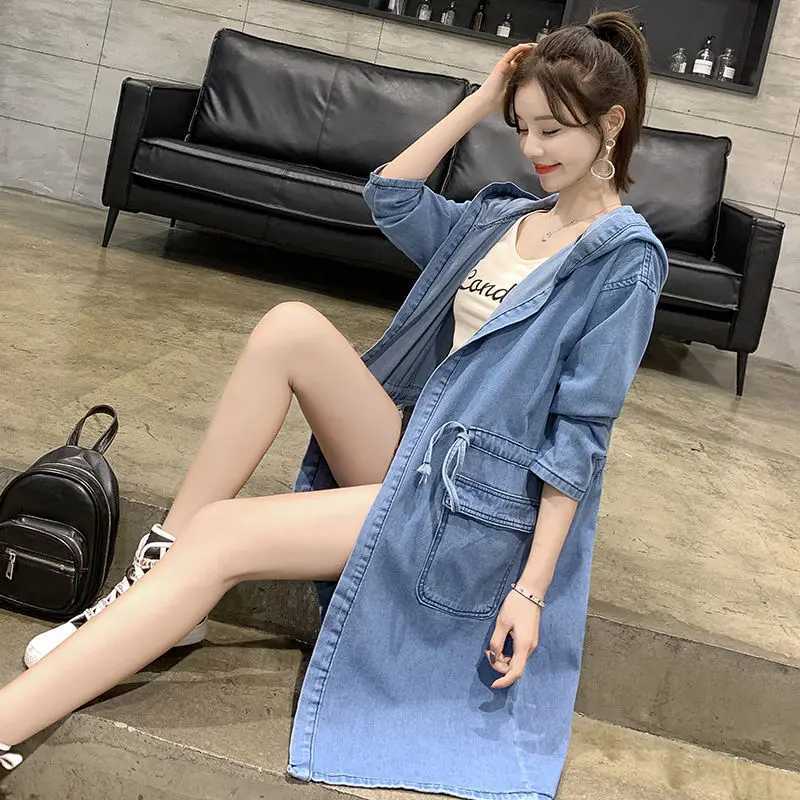 Blue Long Denim Hooded Windbreaker Jacket Long Sleeve Loose Coat Female Lace Up Drawstring Lady Outwear Plus Size Spring AutumnX240921