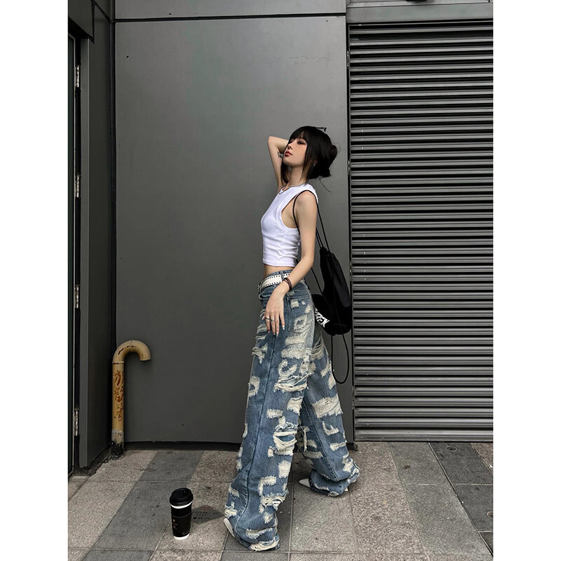 Women Blue Ripped Jeans Haruku Y2k 90S Aesthetic Oversize Denim Trousers High Waist Cowboy Pants Vintage 2000S Trashy Clothes