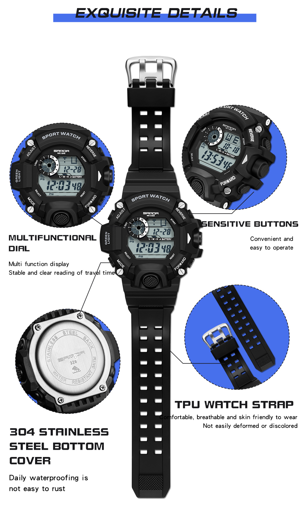 SANDA Digital LED Watch Men Waterproof Sport Men 326 Watch Luxury Brand MilitaryWristwatch For Male Clock Relogio Masculino 03