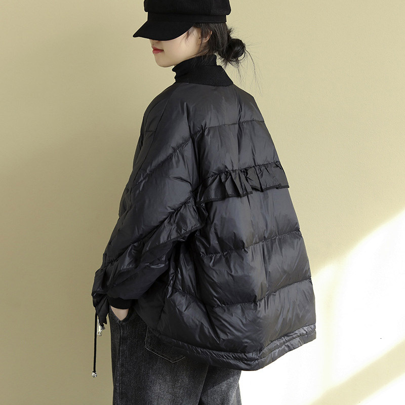 Schinteon Korean Style Women White Duck Down Jacket Loose Over Size Autumn Winter Warm Outwear Coat Ruffles Sleeves New