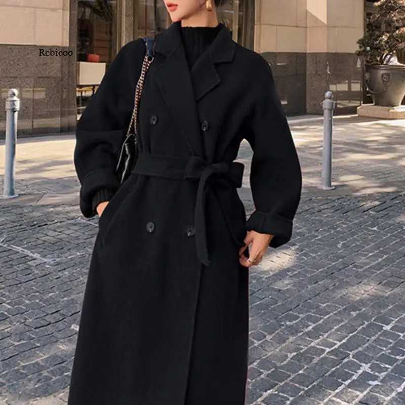 Winter autumn Christmas red loose long wool coat belt wool coat womens split hem cardigan W240921