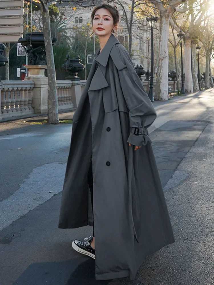 Windbreaker Women Lapel Coat Double-breasted V-Neck Autumn Winter Loose Coat Solid Lapel Belt Wind Coat Pleasure Outer GarmentX240921