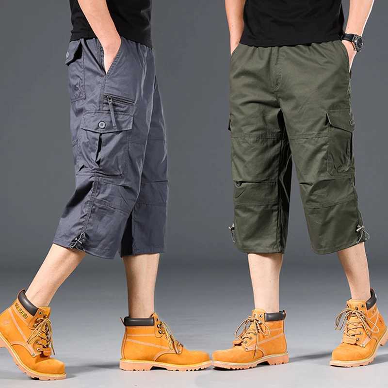 Summer Knee Length Cargo Shorts Mens Loose Casual Cotton Multi Pockets Breeches Capri Short Jogging Camouflage Tactical ShortsX240921